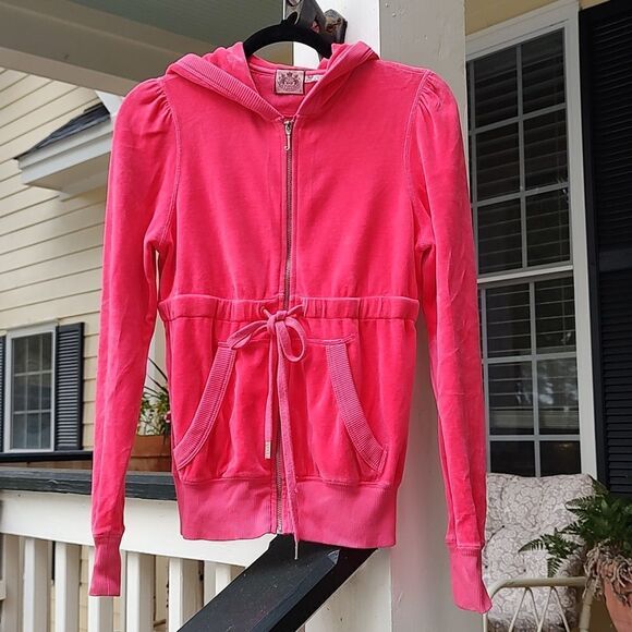 Juicy Couture Hot Pink Velour Full Zip Hoodie Drawstring Waist Jacket Size M - Picture 11 of 12